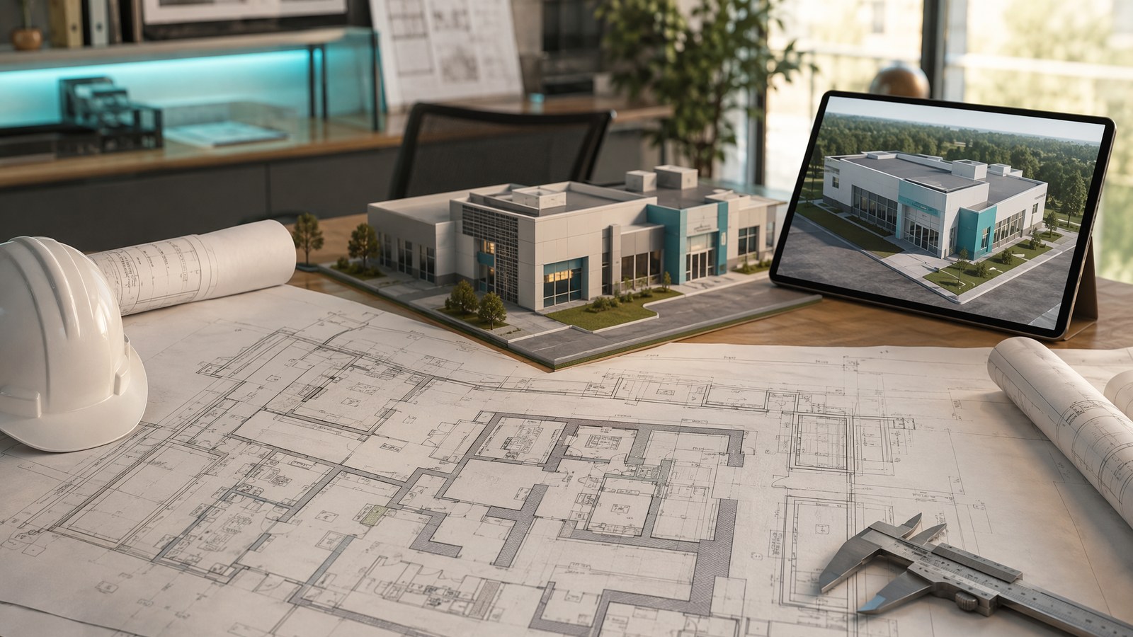 Architectural blueprint and scale model for facility planning