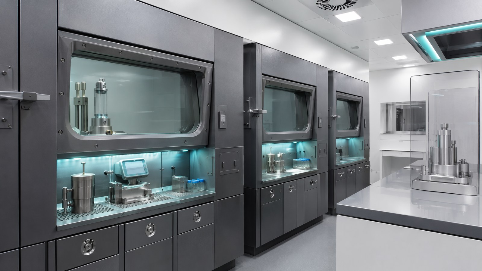 Radiopharmacy hot lab with lead-shielded hot cells and leaded-glass laminar airflow hoods