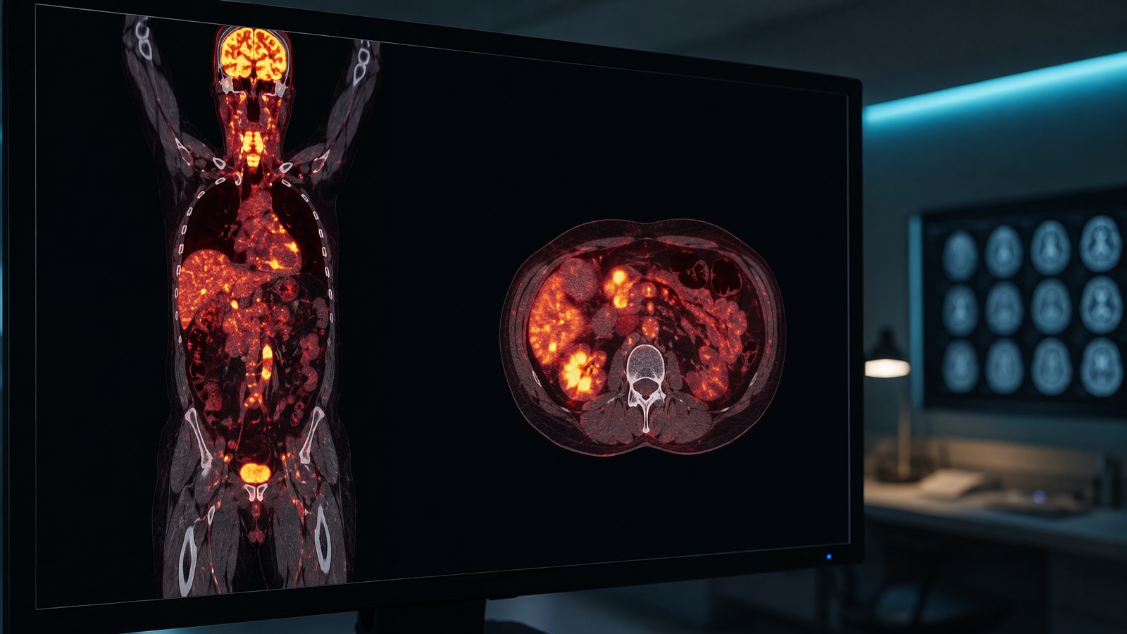PET-CT scan showing cancer hotspots on a radiology monitor