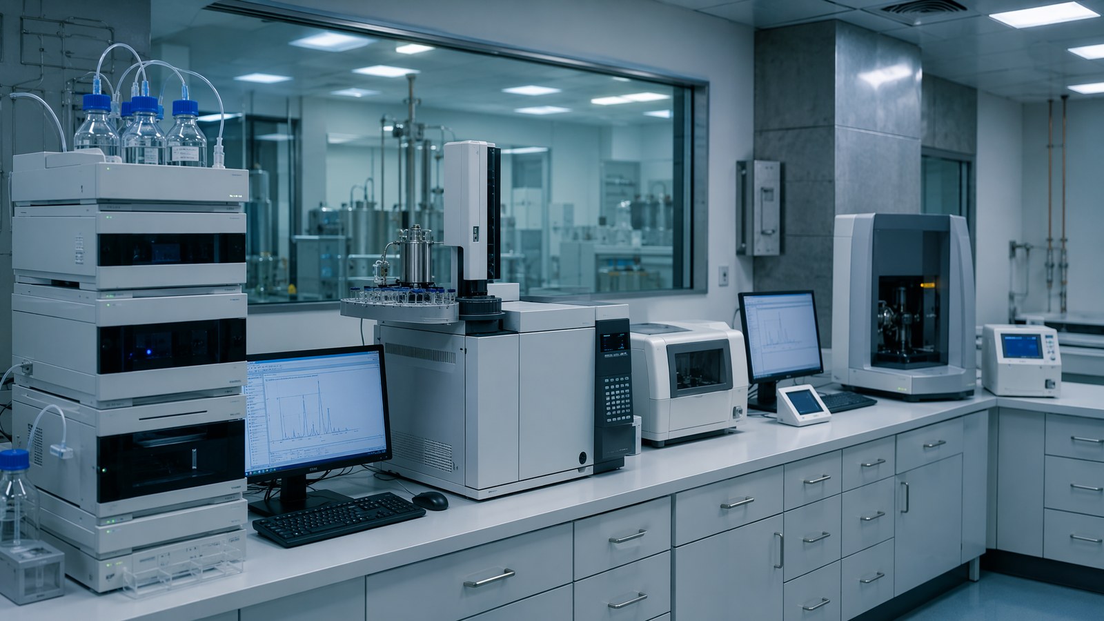 Radiopharmaceutical QC laboratory with analytical instruments