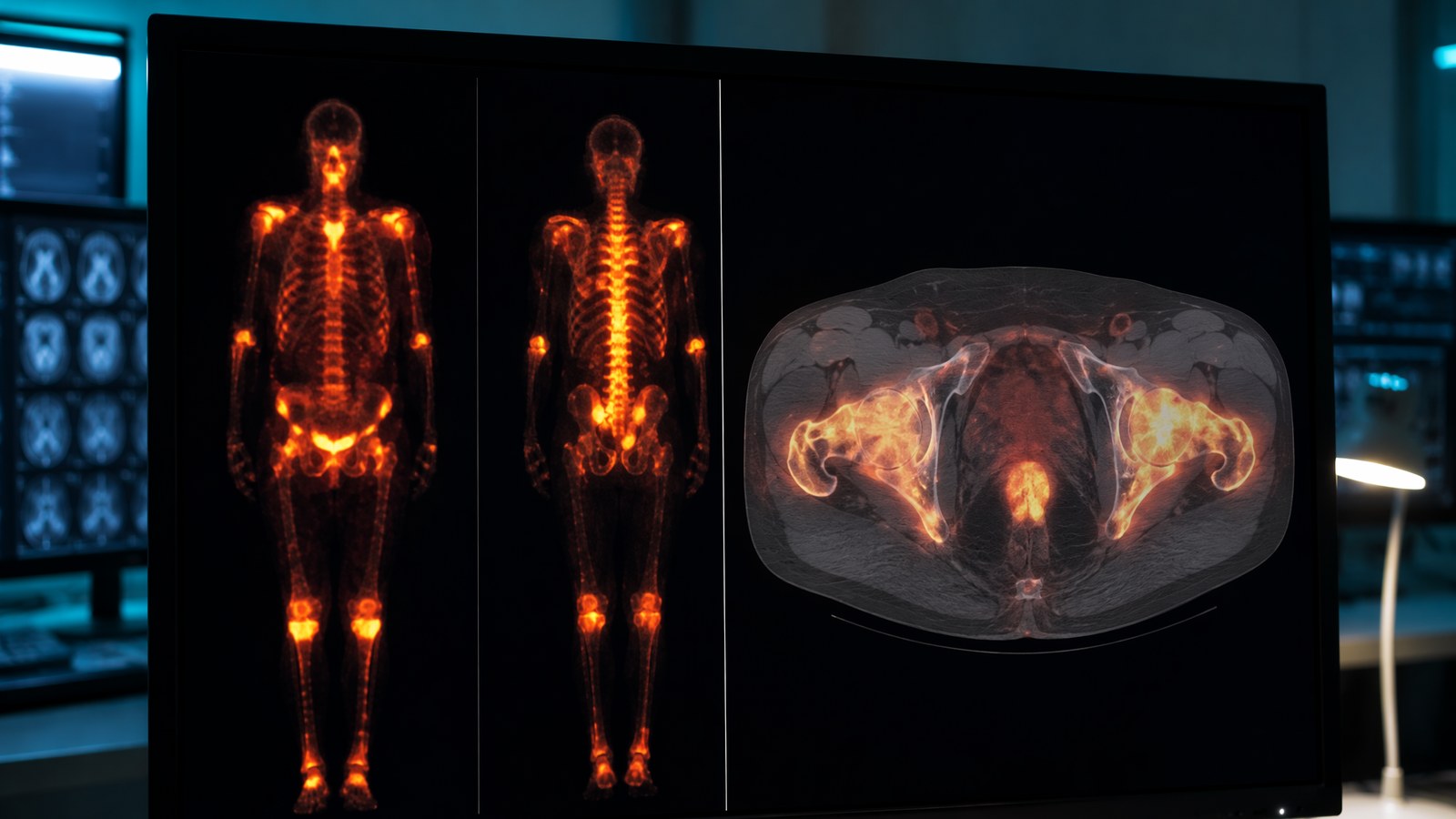 SPECT bone scan showing radiotracer uptake hotspots